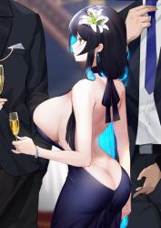 Rule 34 | 1girl, 2boys, alcohol, ass, backless dress, backless outfit, bare back, black dress, black hair, blue hair, bracelet, breasts, bug, butt crack, butterfly, cup, dress, drinking glass, earrings, flower, formal, glass, hair flower, hair ornament, highres, huge ass, huge breasts, insect, jewelry, large breasts, long hair, multicolored hair, multiple boys, narrow waist, original, sideboob, solo focus, suit, two-tone hair, wine, wine glass, xiujia yihuizi, yellow eyes