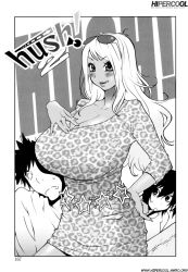 Rule 34 | 1boy, 2girls, :q, animal print, belt, blush, breast envy, breast smother, breasts, cleavage, curvy, dark skin, dress, eyewear on head, face to breasts, from side, frown, gigantic breasts, greyscale, hair between eyes, hand on breast, hand on own hip, highres, huge breasts, kotoyoshi yumisuke, leopard print, lipstick, long hair, makeup, monochrome, multiple girls, naked party, naughty face, page number, scan, shirt, short dress, short hair, smile, spiked hair, star (symbol), sunglasses, sweatdrop, taut clothes, taut dress, tongue, tongue out, watermark, web address