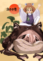 Rule 34 | 00s, 1girl, 2008, :o, animal, arms up, blonde hair, female focus, frog, hat, moriya suwako, o/, open mouth, outstretched arms, outstretched hand, oversized animal, plant, riding, short hair, sitting, solo, straw hat, sun, thighhighs, tongue, touhou, tsurui, white thighhighs