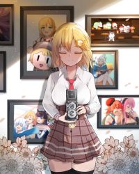 Rule 34 | 1girl, blonde hair, blush, breasts, brown skirt, camera, closed eyes, closed mouth, collared shirt, commentary, commentary request, drawing (object), english commentary, facing viewer, flower, gawr gura, hair ornament, high-waist skirt, highres, holding, holding camera, hololive, hololive english, holomyth, large breasts, long sleeves, mori calliope, necktie, ninomae ina&#039;nis, picture frame, plaid, plaid skirt, red necktie, shirt, short hair, shuuzo3, skirt, smile, solo, standing, takanashi kiara, thighhighs, virtual youtuber, watson amelia, white shirt