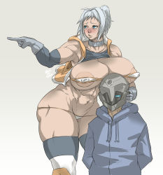 Rule 34 | 1boy, 1girl, abs, areola slip, armpits, artist name, belt collar, bikini, blush, breast rest, breasts, collar, cowboy shot, curvy, facing viewer, gloves, gradient background, grey collar, grey gloves, grey headwear, hands in pockets, height difference, helmet, high ponytail, highres, hood, hood down, hoodie, huge breasts, looking afar, looking away, lowleg, lowleg bikini, micro bikini, muscular, muscular female, natedecock, nose blush, pointing, puffy areolae, revealing clothes, silver hair, simple background, skindentation, standing, swimsuit, thick thighs, thighhighs, thighs, vest, white bikini, wide hips, yellow vest