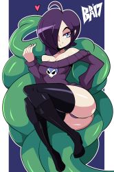 Rule 34 | 1girl, ass, bare shoulders, bigdead, black thighhighs, blue eyes, boots, breasts, cleavage, drill hair, hair ornament, hair over one eye, heart, highres, long hair, off-shoulder, off-shoulder sweater, off shoulder, purple hair, solo, sweater, tentacles, thighhighs, zone-tan