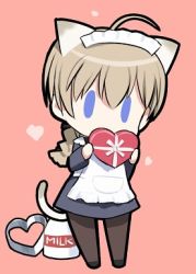 Rule 34 | 1girl, ahoge, alternate costume, animal ears, apron, black pantyhose, blue eyes, braid, brown hair, cat ears, cat tail, chibi, enmaided, heart, long hair, lowres, lynette bishop, maid, maid apron, maid headdress, pantyhose, shimada fumikane, single braid, solo, strike witches, tail, valentine, world witches series