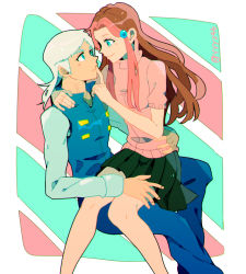 Rule 34 | 1boy, 1girl, arm around waist, blue eyes, breasts, brother and sister, brown hair, cowboy shot, face-to-face, finger to another&#039;s mouth, hair bobbles, hair ornament, index finger raised, jojo no kimyou na bouken, long hair, looking at another, multicolored hair, pants, pastel colors, perla pucci, pink hair, shirt, short hair, siblings, silver hair, sitting, sitting on lap, sitting on person, skirt, small breasts, stone ocean, striped, striped background, turtleneck, twitter username, vest, weather report, yyy246