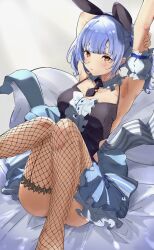 Rule 34 | 1girl, absurdres, alternate breast size, animal ears, arm behind head, arm up, armpits, black dress, black hairband, black necktie, blue hair, blue skirt, blunt bangs, breasts, center frills, commentary request, detached collar, detached sleeves, dress, fake animal ears, fishnet thighhighs, fishnets, frilled dress, frilled thighhighs, frills, hairband, highres, hololive, knees up, lace, lace-trimmed thighhighs, looking at viewer, lying, medium breasts, necktie, official alternate costume, official alternate hair length, official alternate hairstyle, on back, orange eyes, pleated skirt, puffy detached sleeves, puffy short sleeves, puffy sleeves, rabbit-shaped pupils, rabbit ears, short dress, short eyebrows, short necktie, short sleeves, sideless outfit, skirt, sleeveless, sleeveless dress, solo, stretching, symbol-shaped pupils, thick eyebrows, thighhighs, twintails, usada pekora, usada pekora (furi furi bunny dress), virtual youtuber, white sleeves, yuki wei