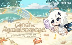 Rule 34 | 1girl, :q, animal, beach, beamed sixteenth notes, blue sky, blush, boots, branch, chibi, closed mouth, cloud, commentary, conch, copyright name, crab, day, dress, eighth note, english commentary, english text, eyebrows hidden by hair, genshin impact, grey eyes, hair between eyes, halo, holding, horizon, long sleeves, looking to the side, musical note, ocean, official art, outdoors, paimon (genshin impact), puffy long sleeves, puffy sleeves, quarter note, sand, seashell, shell, sky, sleeves past wrists, smile, solo, sparkle, starfish, thighhighs, tongue, tongue out, water, white dress, white footwear, white hair, white thighhighs