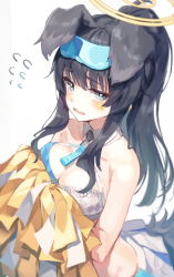 Rule 34 | 1girl, animal ears, bare arms, bare shoulders, black hair, blue archive, blue eyes, breasts, cleavage, collared shirt, crop top, dog ears, dog girl, embarrassed, goggles, goggles on head, halo, halterneck, hibiki (blue archive), hibiki (cheer squad) (blue archive), holding, holding pom poms, huwari (dnwls3010), long hair, looking at viewer, medium breasts, midriff, millennium cheerleader outfit (blue archive), pom pom (cheerleading), pom poms, ponytail, shirt, sleeveless, sleeveless shirt, solo, upper body, white shirt