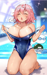 Rule 34 | 2girls, bare arms, bare legs, bare shoulders, barefoot, blue one-piece swimsuit, blush, breasts, chibi, chibi inset, cleavage, closed mouth, clothes pull, commentary request, competition swimsuit, covered navel, efe, full body, ghost, highres, indoors, kneeling, konpaku youmu, konpaku youmu (ghost), large breasts, multiple girls, one-piece swimsuit, one-piece swimsuit pull, one-piece tan, pink hair, pool, rei no pool, saigyouji yuyuko, short hair, silver hair, solo focus, sparkle, swimming, swimsuit, tan, tanline, touhou, triangular headpiece, undressing, water, wet
