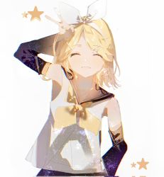 Rule 34 | 1girl, arm up, bare shoulders, black collar, black sleeves, blonde hair, bloom, bow, closed eyes, collar, commentary, detached sleeves, facing viewer, hair bow, hair ornament, hairclip, hand on own hip, hand on own head, highres, iftuoma, kagamine rin, neckerchief, one-hour drawing challenge, open mouth, sailor collar, school uniform, shirt, short hair, sleeveless, sleeveless shirt, smile, solo, star (symbol), swept bangs, upper body, v, vocaloid, white background, white bow, white shirt, yellow neckerchief