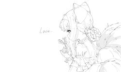 Rule 34 | 1girl, arknights, bare back, bare shoulders, bow, braid, braided hair rings, collar, dress, english text, extra tails, flower, fox girl, fox tail, frilled cuffs, frilled dress, frills, from behind, greyscale, hair bow, hair rings, hairband, half-closed eyes, hands up, highres, holding, holding flower, infection monitor (arknights), kitsune, light blush, lily of the valley, lineart, looking at flowers, material growth, monochrome, multiple hair bows, nape, negative space, nekopantsu (blt), off-shoulder dress, off shoulder, oripathy lesion (arknights), own hands together, raised eyebrows, sidelocks, simple background, solo, spaghetti strap, suzuran (arknights), tail, twin braids, upper body, wrist cuffs