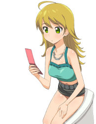 Rule 34 | 1girl, a1 (initial-g), ahoge, blonde hair, cellphone, green eyes, hoshii miki, idolmaster, idolmaster (classic), jewelry, long hair, miniskirt, phone, simple background, sitting, skirt, solo, toilet, toilet use, white background