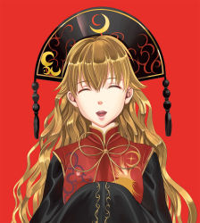 Rule 34 | 1girl, :d, ^ ^, black dress, blonde hair, chinese clothes, crescent, dress, closed eyes, hands in opposite sleeves, hat, junko (touhou), kyuu umi, long hair, long sleeves, looking at viewer, open mouth, red background, smile, solo, tabard, touhou, upper body, wavy hair, wide sleeves