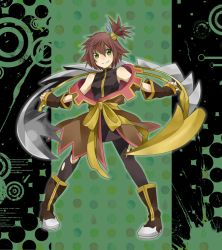 Rule 34 | 00s, 1girl, boots, brown hair, coat, full body, green background, green eyes, juria0801, nan (tales), short hair, side ponytail, smile, solo, spandex, tales of (series), tales of vesperia, torn clothes, weapon
