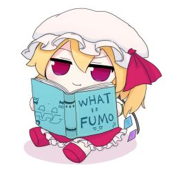 Rule 34 | 1girl, blonde hair, book, closed mouth, commentary, english text, fang, fang out, flandre scarlet, frilled skirt, frills, full body, fumo (doll), hat, highres, holding, holding book, looking at viewer, medium hair, mob cap, multicolored wings, one side up, open book, patchouli knowledge, red eyes, red footwear, red skirt, rei (tonbo0430), shadow, simple background, skirt, solo, touhou, white background, white hat, wings