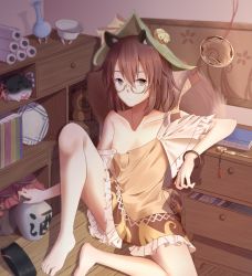 Rule 34 | 1girl, animal ear fluff, animal ears, asymmetrical wings, bangle, bare shoulders, barefoot, bell, bloomers, blue wings, book, bow, bracelet, brown eyes, brown hair, brown shirt, brown skirt, collarbone, commentary request, drawer, flat chest, frilled sleeves, frills, futatsuiwa mamizou, glasses, green hat, hair between eyes, hakutaku, hat, hat bell, hat bow, highres, houjuu nue, indoors, jar, jewelry, jingle bell, kiseru, knee up, looking at viewer, miniskirt, minuo, off shoulder, raccoon ears, raccoon tail, red bow, red wings, round eyewear, scroll, shadow, shirt, short hair, short sleeves, sitting, skirt, smoking pipe, solo, stuffed animal, stuffed raccoon, stuffed toy, tail, thighs, touhou, translation request, underwear, white bloomers, wind chime, wings, wooden floor, yellow-framed eyewear, yellow bow