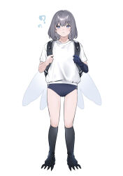 Rule 34 | 1boy, ?, ??, aged down, backpack, bag, black bag, blue eyes, buckle, buruma, claws, commentary request, crossdressing, facing viewer, fate/grand order, fate (series), fingernails, frown, full body, grey hair, highres, insect wings, light blush, looking at viewer, male focus, medium hair, oberon (fate), oberon (third ascension) (fate), sausu hitori, sharp fingernails, sharp toenails, shirt, short sleeves, solo, tagme, toenails, track shirt, trap, white shirt, white stripes, wings