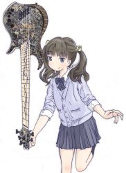 Rule 34 | 1girl, balancing, bass guitar, blue eyes, brown hair, commentary request, highres, instrument, looking at viewer, original, school uniform, solo, standing, standing on one leg, tariki fretless, twintails, upside-down, white background