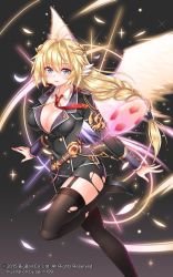 Rule 34 | 1girl, armlet, ball, belt, black legwear, blonde hair, blue eyes, blush, braid, breasts, cleavage, copyright name, detached sleeves, feathers, formal, garter straps, hair ornament, high heels, highres, large breasts, leg up, looking at viewer, mole, mole under eye, necktie, official art, red necktie, serin199, silla (soccer spirits), simple background, single braid, smile, soccer ball, soccer spirits, solo, sparkle, suit, torn clothes, wings