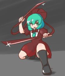Rule 34 | 1girl, black background, black footwear, boots, bow, commentary, dress, english commentary, front ponytail, full body, gradient background, green eyes, green hair, hair bow, hair ribbon, holding, holding sword, holding weapon, kagiyama hina, medium hair, mizusoba, red bow, red dress, red ribbon, ribbon, short sleeves, solo, squatting, sword, touhou, weapon