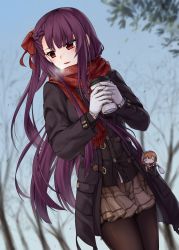 Rule 34 | 1girl, bare tree, black coat, blue sky, blunt bangs, blurry, blurry background, blush, braid, breath, brown pantyhose, brown skirt, character doll, chien zero, coat, cup, day, depth of field, disposable cup, dutch angle, enpera, floral print, french braid, fringe trim, girls&#039; frontline, gloves, hair ribbon, highres, holding, holding cup, lips, little red riding hood, long sleeves, looking to the side, miniskirt, official alternate costume, open clothes, open coat, outdoors, pantyhose, plaid, plaid skirt, print scarf, red hair, red scarf, ribbon, scarf, skirt, sky, solo, springfield (girls&#039; frontline), straight hair, tree, tsurime, two-handed, wa2000 (date in the snow) (girls&#039; frontline), wa2000 (girls&#039; frontline), white gloves