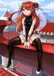 Rule 34 | 1girl, architecture, armband, black thighhighs, blue eyes, bracer, brown hair, building, china dress, chinese clothes, cloel, cloud, day, double bun, dress, east asian architecture, foot dangle, hair bun, hair ornament, high heels, long hair, looking afar, mountain, orange hair, original, outdoors, rooftop, shoes, sitting, sky, sleeveless, smile, solo, spread legs, thighhighs, tower, v arms, white footwear