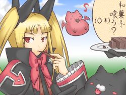 Rule 34 | 1girl, arc system works, bat (animal), blazblue, blonde hair, bow, candy, cat, dress, food, gii, gothic lolita, lolita fashion, long hair, nago, piza poteto, pizapote, rachel alucard, red bow, red eyes, ribbon, solo, translated, twintails