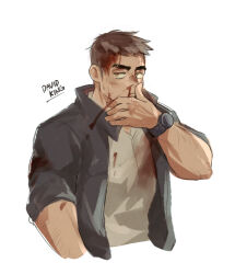 Rule 34 | 1boy, arm hair, bara, bleeding, blood, blood on clothes, blood on face, cropped torso, david king (dead by daylight), dead by daylight, facial hair, highres, injury, jitome, layered shirt, looking at viewer, male focus, mature male, muscular, muscular male, nosebleed, open clothes, open shirt, serious, short hair, sideburns stubble, sleeves rolled up, solo, sparse stubble, stubble, thick eyebrows, thumb to nose, undercut, wasted m9, watch, wiping blood, wristwatch, yellow eyes