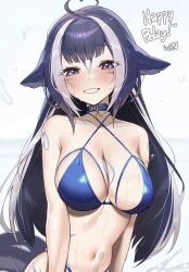 Rule 34 | 1girl, absurdres, ahoge, bikini, blue bikini, blue collar, blue hair, breasts, cetacean tail, collar, commentary, english commentary, fins, fish tail, happy birthday, highres, indie virtual youtuber, large breasts, long hair, looking at viewer, navel, orca girl, purple eyes, shylily, shylily (bikini), smile, solo, swimsuit, tail, virtual youtuber, water, whispering for nothing