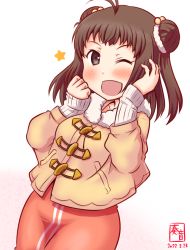 Rule 34 | 1girl, alternate costume, antenna hair, artist logo, blush, breasts, brown eyes, brown hair, dated, double bun, fur-trimmed jacket, fur trim, hair bun, jacket, kanon (kurogane knights), kantai collection, medium hair, naka (kancolle), one-hour drawing challenge, one eye closed, open mouth, orange pants, pants, simple background, small breasts, smile, solo, star (symbol), white background
