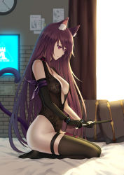 Rule 34 | 1girl, animal ear fluff, animal ears, arknights, asymmetrical legwear, black gloves, black thighhighs, blurry, blurry background, breasts, cat ears, cat tail, chinese commentary, choker, cleavage, commentary request, depth of field, elbow gloves, female focus, fingerless gloves, from side, gloves, highres, indoors, leotard, lingerie, long hair, looking down, medium breasts, melantha (arknights), mismatched legwear, on bed, purple eyes, purple hair, scabbard, see-through, seiza, sheath, sitting, solo, sword, tail, teddy (lingerie), thigh strap, thighhighs, underwear, very long hair, weapon, yunkaiming