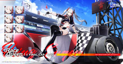 Rule 34 | 1girl, azur lane, boots, breasts, cleavage, commentary, full body, gloves, hair ornament, haori io, high heel boots, high heels, highres, jacket, large breasts, long hair, looking at viewer, miniskirt, official alternate costume, official art, parted lips, prinz eugen (azur lane), prinz eugen (final lap) (azur lane), race queen, silver hair, skirt, thigh boots, thighhighs, twintails, underboob, watermark, yellow eyes