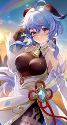 Rule 34 | 1girl, ahoge, bare shoulders, bell, black bodysuit, black gloves, blue hair, bodystocking, bodysuit, bodysuit under clothes, breasts, chinese knot, collar, cowbell, detached collar, detached sleeves, evening, falling petals, ganyu (genshin impact), genshin impact, gloves, goat horns, gold trim, gradient eyes, grin, hand up, highres, horns, large breasts, long hair, long sleeves, looking at viewer, md5 mismatch, moguta (moguta9), multicolored eyes, neck bell, outdoors, parted lips, pelvic curtain, petals, purple eyes, rainbow, revision, sidelocks, smile, solo, sun, vision (genshin impact), waist cape, white collar, white sleeves