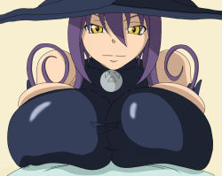 Rule 34 | 1girl, artist request, bare shoulders, black hat, black shirt, blair (soul eater), breasts, female focus, hat, large breasts, long hair, looking at viewer, purple hair, shirt, sleeveless, sleeveless shirt, solo, soul eater, wallpaper, yellow eyes