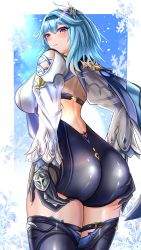 Rule 34 | 1girl, absurdres, akizuki momiji, ass, ass grab, bare shoulders, blue hair, blush, breasts, cape, deep skin, eula (genshin impact), from behind, genshin impact, gloves, hair ornament, hairband, highres, huge ass, large breasts, leotard, long hair, looking at viewer, shiny clothes, shiny skin, sideboob, solo, thighhighs, yellow eyes