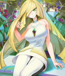 Rule 34 | 1girl, arm support, bare arms, bare shoulders, black pants, blonde hair, breasts, brooch, closed mouth, collarbone, covered collarbone, creatures (company), diamond (shape), dress, game freak, gem, gradient dress, green eyes, green gemstone, hair over one eye, hand in own hair, hand up, head tilt, jewelry, kazo (kazozakazo), large breasts, legs together, long hair, looking at viewer, lusamine (pokemon), nintendo, open hands, outdoors, pants, pokemon, pokemon sm, short dress, sideboob, sitting, sleeveless, sleeveless dress, smile, solo, white dress, white pants, yellow dress