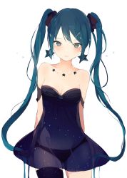 Rule 34 | 1girl, :d, arms behind back, bad id, bad tumblr id, black dress, black panties, black thighhighs, blue eyes, blue hair, breasts, cleavage, collarbone, dress, earrings, hair ornament, hair scrunchie, hairclip, hatsune miku, jewelry, long hair, looking at viewer, lpip, matching hair/eyes, navel, necklace, off-shoulder dress, off shoulder, open mouth, panties, scrunchie, see-through, single thighhigh, small breasts, smile, solo, star (symbol), star earrings, stomach, strapless, strapless dress, thighhighs, twintails, underwear, vocaloid