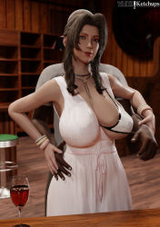 Rule 34 | 1boy, 1girl, 3d, absurdres, aerith gainsborough, breasts, brown hair, clothes, cup, curvy, dark-skinned male, dark skin, dress, drinking glass, final fantasy, final fantasy vii, final fantasy vii remake, grabbing, green eyes, highres, large breasts, lingerie, pink dress, seventh heaven, square enix, standing, underwear, whiteketchups, wine glass