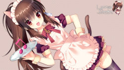 Rule 34 | 1girl, :d, animal ears, apron, bad id, bad pixiv id, beamed quavers, bow, brown eyes, brown hair, cat ears, cat tail, chibi, dutch angle, fang, frills, hand on own hip, highres, kemonomimi mode, little busters!, long hair, looking at viewer, maid, maid apron, maid headdress, multiple persona, musical note, natsume rin, open mouth, polka dot, polka dot background, ponytail, sacraneco, smile, solo, tail, thighhighs, tray, wallpaper, wrist cuffs