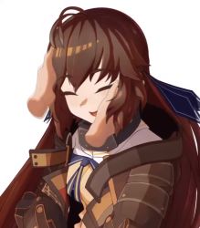 Rule 34 | 1girl, animated, antenna hair, brown hair, closed eyes, closed mouth, coat, commentary request, disembodied hand, girls&#039; frontline, headpat, llpfmfc, long hair, m14 (girls&#039; frontline), m14 (mod3) (girls&#039; frontline), mod3 (girls&#039; frontline), open clothes, open coat, open mouth, simple background, solo focus, stroking cheek, upper body, video, white background, yellow eyes