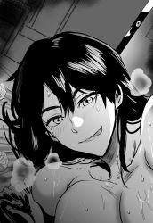 Rule 34 | 1girl, aftersex, bed, bleach, blush, breasts, cleavage, collarbone, daraz, closed eyes, greyscale, large breasts, licking lips, long hair, looking at viewer, monochrome, pov, smile, sweat, tongue, tongue out, unagiya ikumi, used tissue, voyeurism