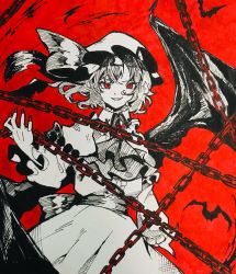 Rule 34 | 1girl, anderson m0311, ascot, bat (animal), bat wings, bow, broken, broken chain, brooch, chain, chained, collar, collared shirt, cropped legs, cuffs, dress, evil smile, fingernails, hair ribbon, hand up, hat, highres, jewelry, juliet sleeves, long sleeves, looking at viewer, mob cap, moon, pen (medium), puffy sleeves, red background, red eyes, remilia scarlet, ribbon, shackles, sharp fingernails, shirt, short hair, smile, solo, spot color, touhou, traditional media, waist bow, wings