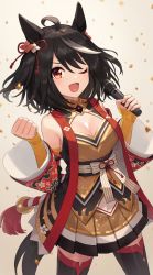 Rule 34 | 1girl, ;d, ahoge, animal ears, bad link, bare shoulders, black hair, black thighhighs, breasts, chorefuji, cleavage, clenched hand, eyelashes, floral print, gradient background, hands up, highres, holding, holding microphone, horse ears, horse girl, horse tail, kitasan black (umamusume), looking at viewer, medium hair, microphone, multicolored hair, one eye closed, open mouth, pleated skirt, skirt, smile, solo, streaked hair, tail, thighhighs, tongue, umamusume