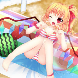 Rule 34 | 1girl, anklet, barefoot, beach, bikini, blonde hair, breasts, crystal, fang, flandre scarlet, food, fruit, highres, innertube, jewelry, laevatein, one eye closed, open mouth, red eyes, sand, short hair, side ponytail, small breasts, smile, solo, swami, swim ring, swimsuit, touhou, towel, water, watermelon, wings, wink, wristband