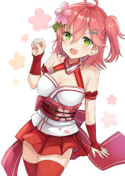 Rule 34 | 1girl, ahoge, armband, bare shoulders, belt, belt buckle, breasts, bridal gauntlets, buckle, cherry blossom print, cherry blossoms, cleavage, collarbone, floral print, flower, flower brooch, green eyes, hair between eyes, hair flower, hair ornament, hairclip, highres, hololive, looking at viewer, miniskirt, nail polish, one side up, open mouth, paw pose, pink hair, pink nails, red skirt, red thighhighs, retsuto, sakura miko, sakura miko (old design), skirt, solo, thighhighs, virtual youtuber, zettai ryouiki