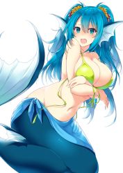Rule 34 | 1girl, absurdres, bare arms, bare shoulders, bikini, blue eyes, blue hair, blush, bra, breasts, cleavage, covering privates, covering breasts, embarrassed, fang, fins, green bra, hair between eyes, head fins, highres, large breasts, long hair, looking at viewer, mermaid, monster girl, navel, open mouth, original, sarong, solo, suruga (xsurugax), swimsuit, transparent background, twintails, underwear, untied bikini
