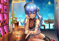 Rule 34 | 1girl, absurdres, alcohol, alternate costume, bar (place), bare shoulders, beret, black bra, black choker, black hat, black shorts, blue eyes, blue hair, blush, bra, bracelet, breasts, ceiling light, chair, choker, cocktail glass, covered collarbone, cowboy shot, crop top, cup, drinking glass, drinking straw, eyelashes, food, fruit, green ribbon, hair between eyes, hair ribbon, hand up, hat, head rest, highres, hololive, hoshimachi suisei, indoors, jagoo, jewelry, lime (fruit), lime slice, liquor, long hair, looking at viewer, midriff, navel, off shoulder, plant, pointing, pointing at viewer, potted plant, ribbon, see-through, short shorts, shorts, side ponytail, sitting, small breasts, smile, solo, table, thighs, underwear, variant set, virtual youtuber, window