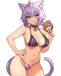 1girl :3 :q absurdres adapted_costume ahoge animal_collar animal_ear_fluff animal_ears bikini black_bikini black_collar blush breasts cat_ears cat_girl cat_tail cetta_(cettadvd) character-themed_food cleavage closed_mouth collar commentary contrapposto cowboy_shot crossed_bangs double-parted_bangs english_commentary fingernails food gluteal_fold hair_between_eyes hand_on_own_hip highleg highleg_bikini highres holding holding_food holding_popsicle hololive inugami_korone large_breasts long_fingernails looking_at_viewer messy_hair mismatched_bikini nail_polish navel nekomata_okayu nekomata_okayu_(1st_costume) o-ring o-ring_bikini o-ring_top onigiri_print popsicle print_bikini purple_eyes purple_hair purple_nails short_hair simple_background smile solo standing stomach string_bikini swimsuit tail tongue tongue_out virtual_youtuber white_background white_bikini