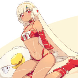 Rule 34 | 1girl, altera (fate), altera the santa (fate), bare shoulders, belt bra, blunt bangs, boots, bra, breasts, bright pupils, chan co, choker, closed mouth, dark-skinned female, dark skin, detached sleeves, dutch angle, earmuffs, fate/grand order, fate (series), looking at viewer, mittens, navel, panties, red bra, red eyes, red footwear, red panties, ringed eyes, sheep, short hair, silver hair, sitting, small breasts, solo, underwear, veil, white mittens