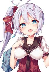 Rule 34 | 1girl, absurdly long hair, ahoge, azur lane, bag, blue eyes, blue sailor collar, blush, breasts, close-up, commentary request, cowboy shot, fang, hair ribbon, heart, heart-shaped pupils, heart ahoge, highres, long hair, looking at viewer, medium breasts, neckerchief, open mouth, portland (azur lane), portland (at school with indy!) (azur lane), purple hair, red ribbon, ribbon, sailor collar, school bag, school uniform, serafuku, side ponytail, solo, standing, symbol-shaped pupils, unacchi (nyusankin), very long hair, white background