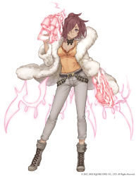 Rule 34 | 1girl, belt, blue eyes, boots, choker, cinderella (sinoalice), coat, contemporary, contrapposto, dark-skinned female, dark skin, dual wielding, energy gun, full body, fur coat, hair over one eye, high heel boots, high heels, highres, holding, jino, looking at viewer, official art, pants, red hair, sinoalice, solo, standing, trigger discipline, weapon, white background